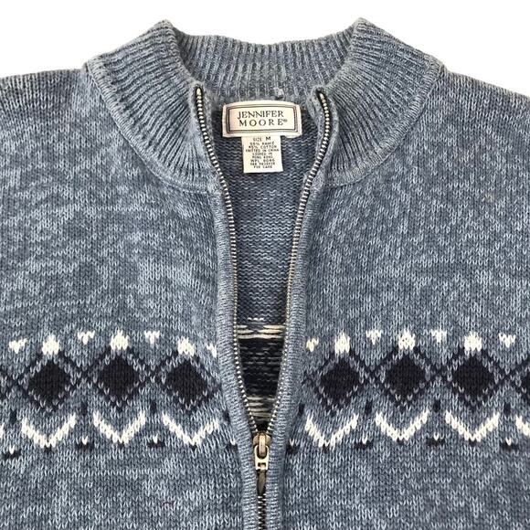 JENNIFER MOORE Fair Isle Knit Cardigan Wn M Blue Full Zip VTG Grandpa Retro Y2K - Picture 5 of 10